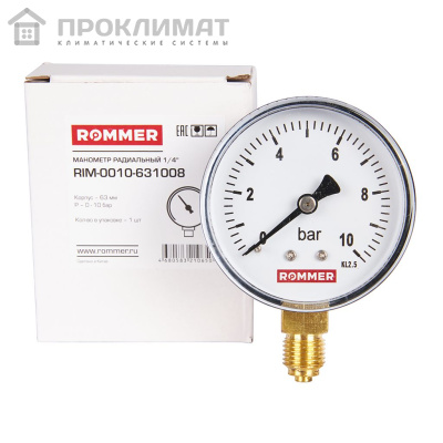 ROMMER Манометр радиальный. 63 мм  0...10 бар 1/4" 