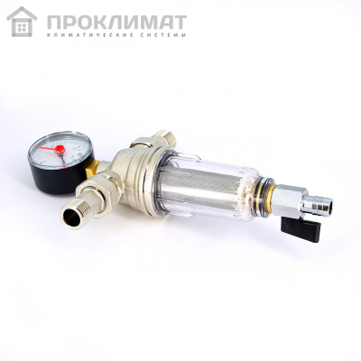 Фильтр с манометром со сгонами Tiemme 1/2, с прозрачной пластиковой колбой, промывной