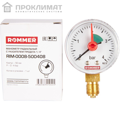 ROMMER Манометр радиальный с указателем предела.  50 мм 0...4 бар 1/4" 