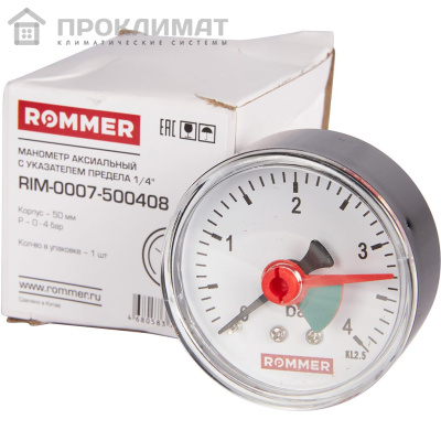ROMMER Манометр аксиальный с указателем предела.  50 мм 0...4 бар 1/4" 